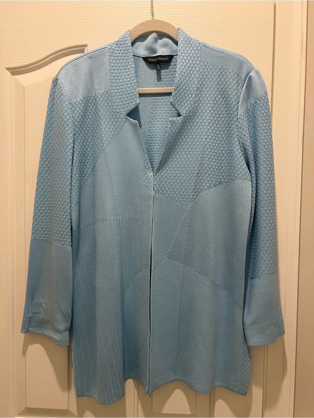 Ming Wang Light Blue Patchwork Knit Open Front Cardigan